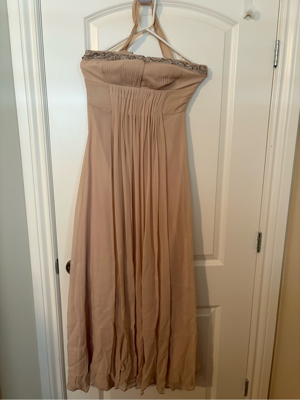 BCBGMaxAzria Nude-Beige Strapless Chiffon Gown with Beaded Trim